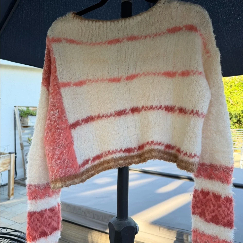 Free People Cream Fuzzy Off-Shoulder Sweater with Coral & Brown Accents